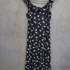 Loft Black Midi Dress Women's size 12 Floral‎ Ruffle Square Neck